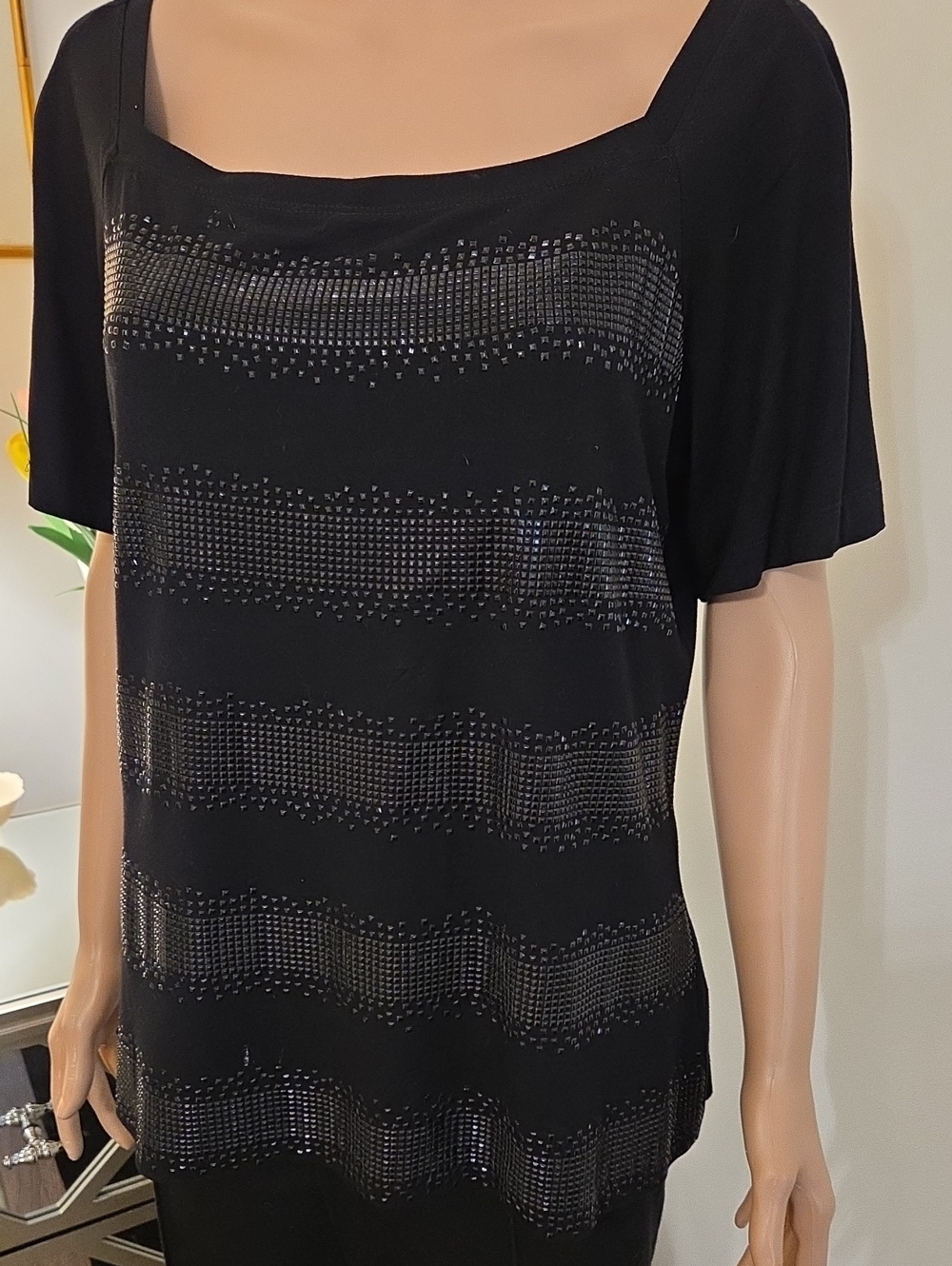 St. John Black Short-Sleeve Square-Neck Top with Sequin Horizontal Stripes